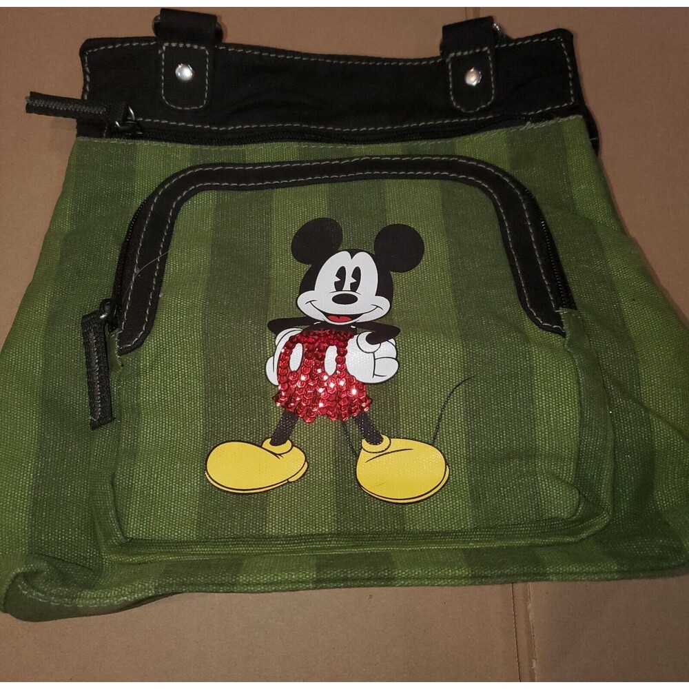 Mickey Mouse Green Disney Striped Sequin Crossbody Bag 11x11 Canvas
